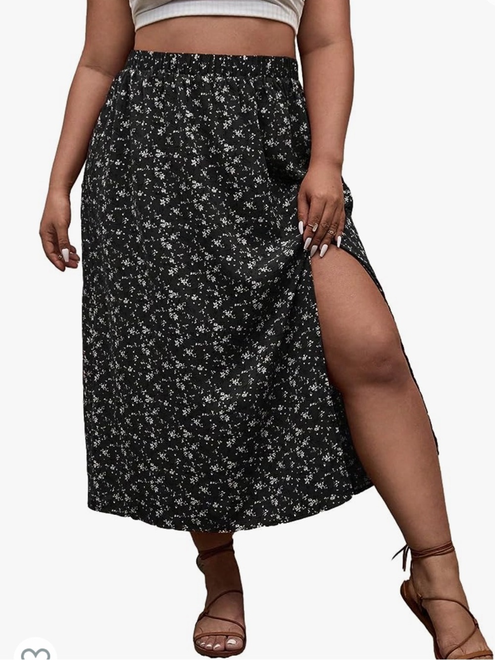 NEW black floral midi skirt plus size